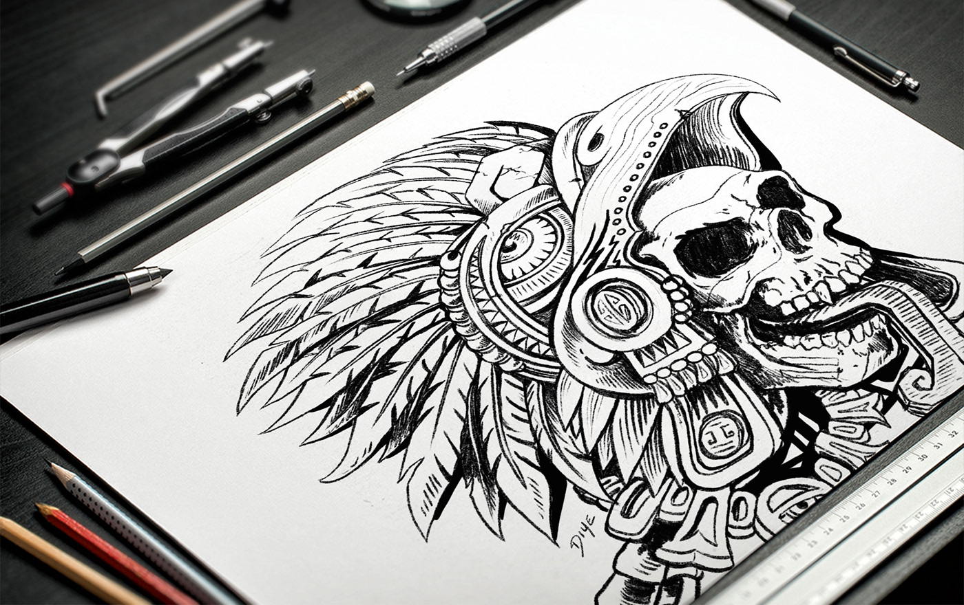 aztec freelancer ILLUSTRATION  mexico skeleton skull tee Tshirt Design united states warrior