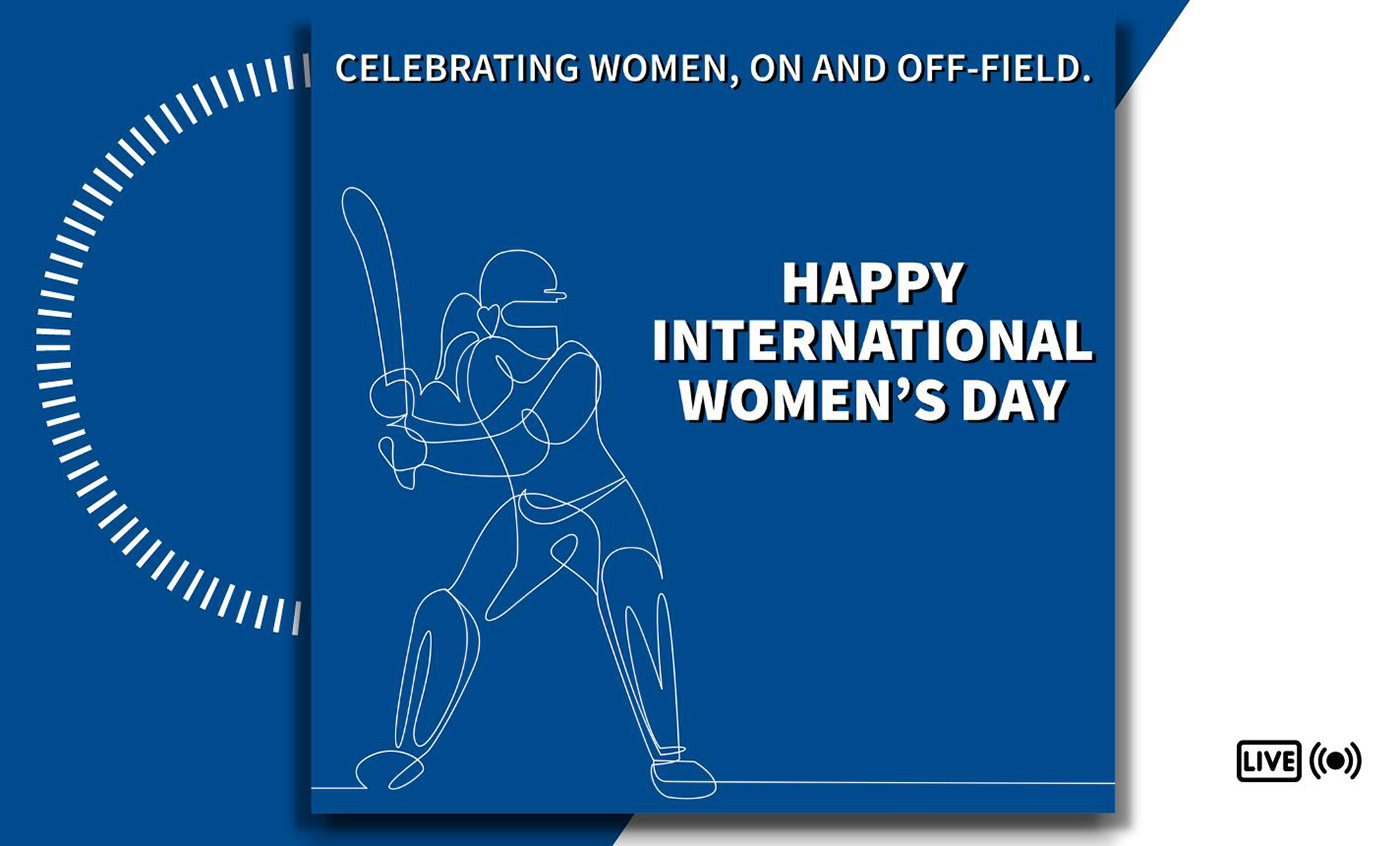 happy international women's day social media post with woman cricketer one line drawing 