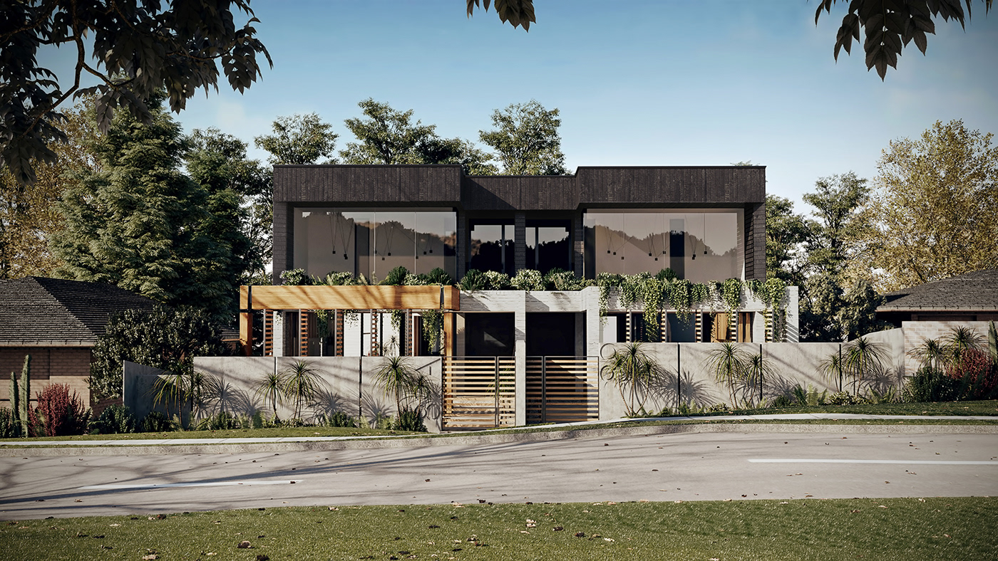 Duplex House design folliage CGI 3D Render recycled materials natural materials Australia 3D Rendering architecture