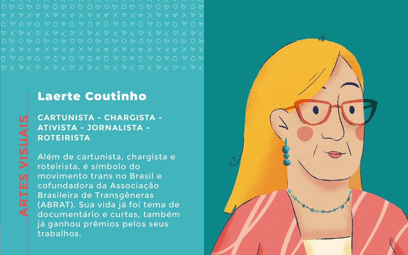 An illustrated portrait of Laerte Coutinho, a brazilian transgender political cartoonist.
