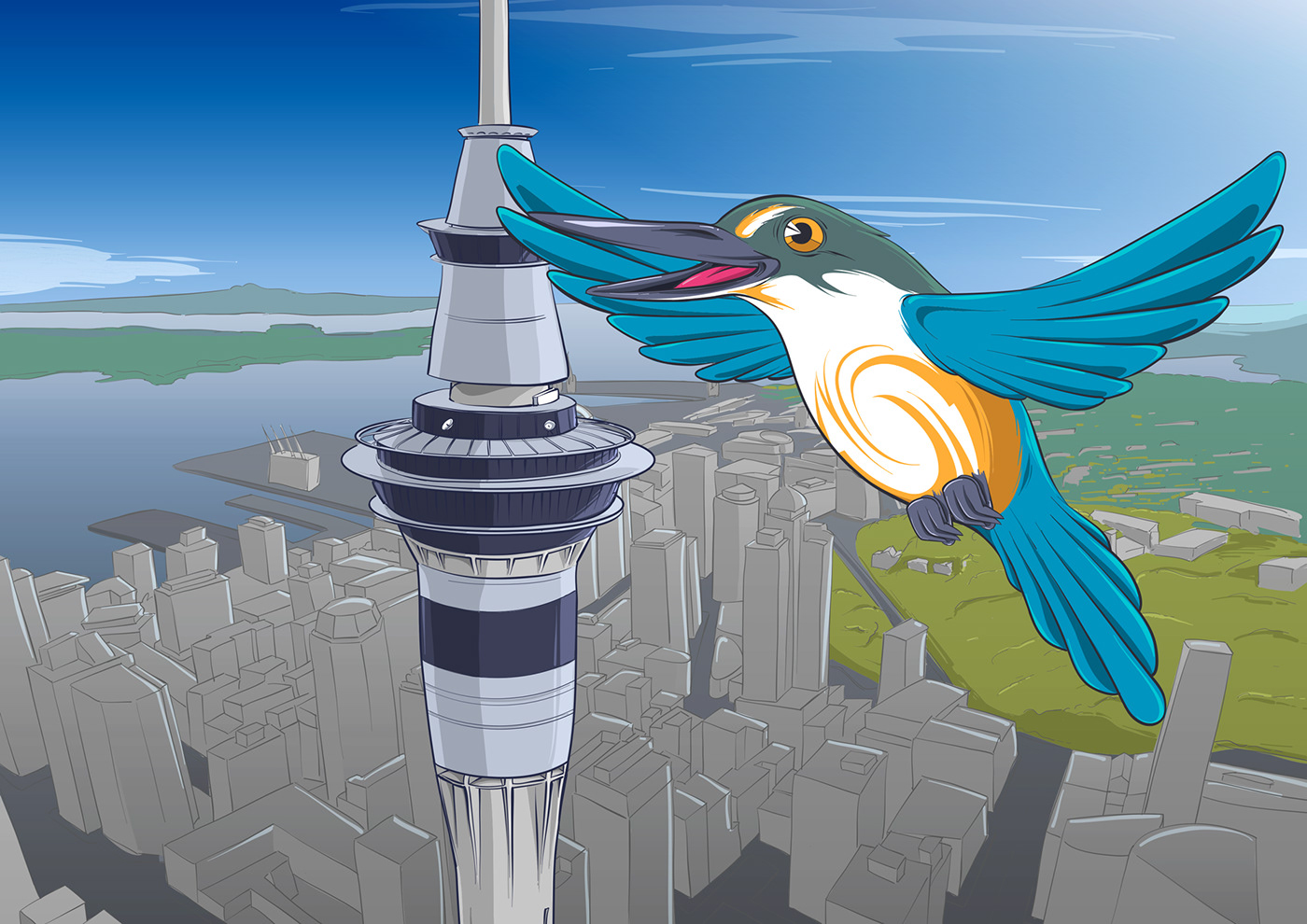 bird buildings city cityscape Flying kingfisher tower vector wings