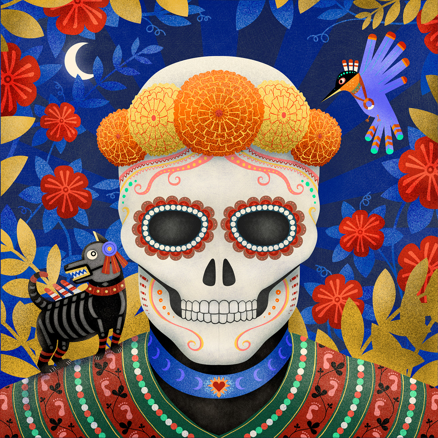 Illustration with a decorated death skull. Behind is a moon. Around the skull is flowers.