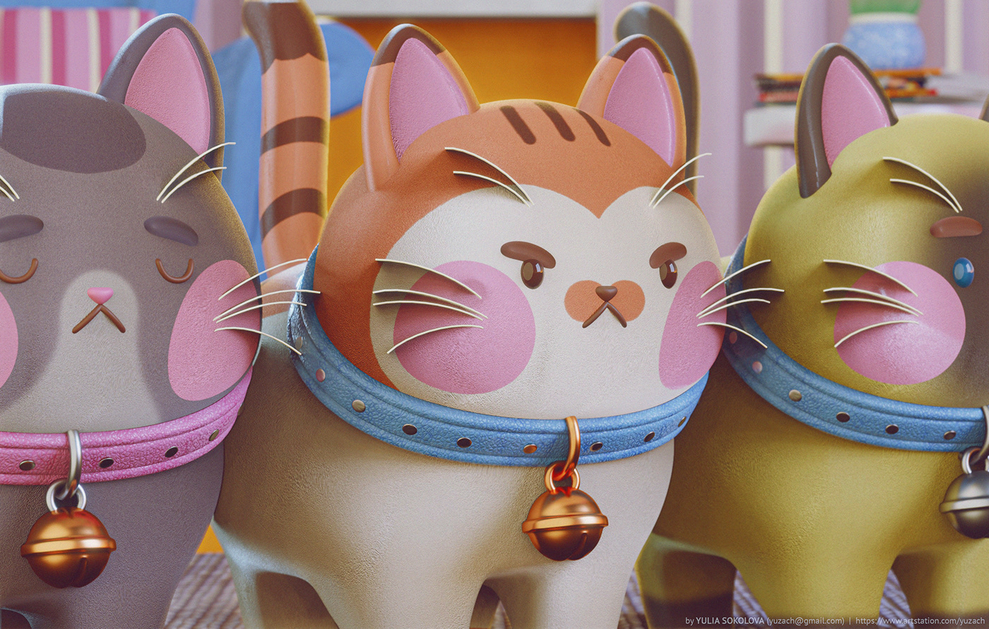 3D scene with cartoon characters: cats, plants and stylized furniture, rendered in Blender Eevee