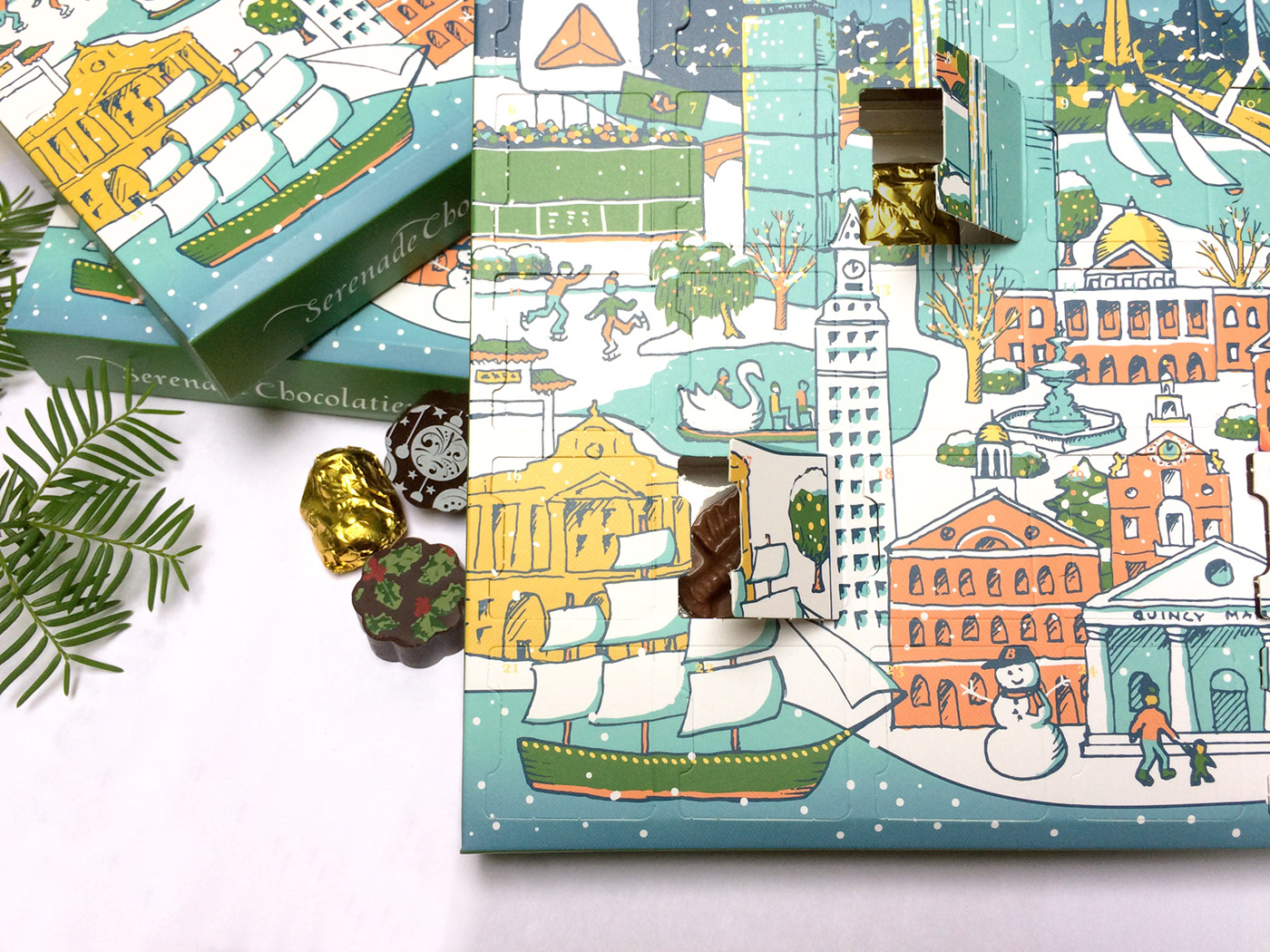advent calendar boston chocolate Christmas hand-drawn Holiday Landmarks map Packaging winter