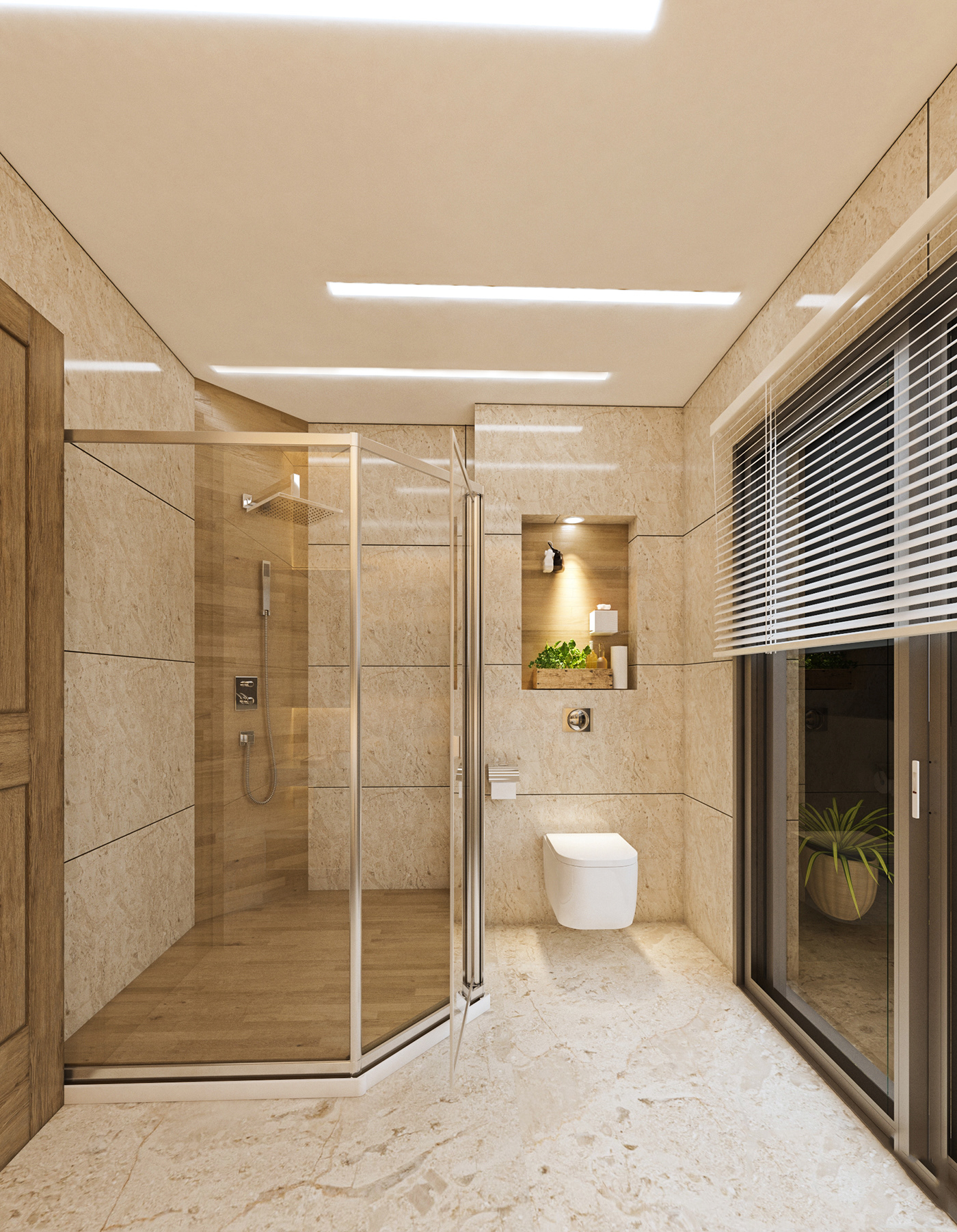 Modern Double Bathroom Marble Bathroom Design wood and marble double sink Stripe lighting Indirect light mirror
