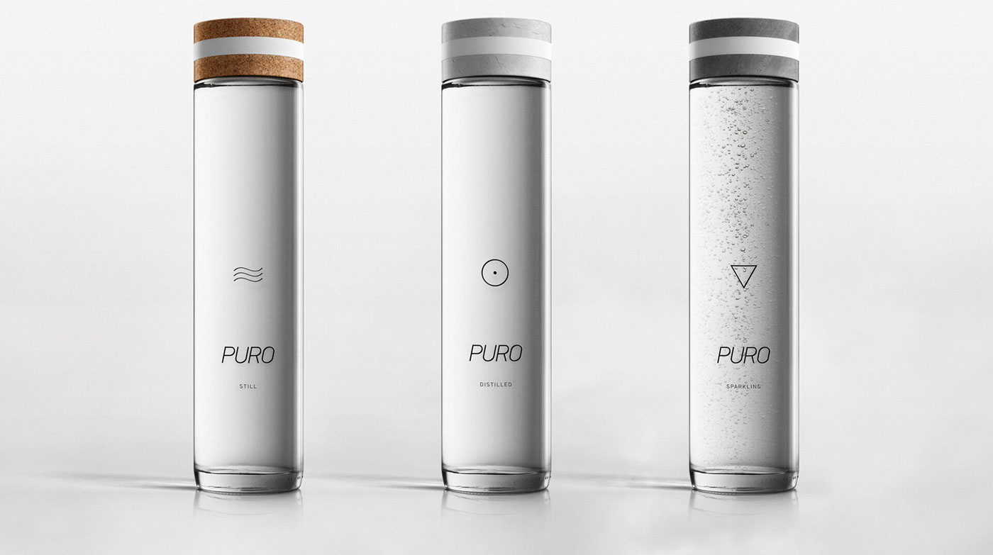 packaging design branding desing Water Bottle Identity Design Photo Manipulation  black and white puro product design 