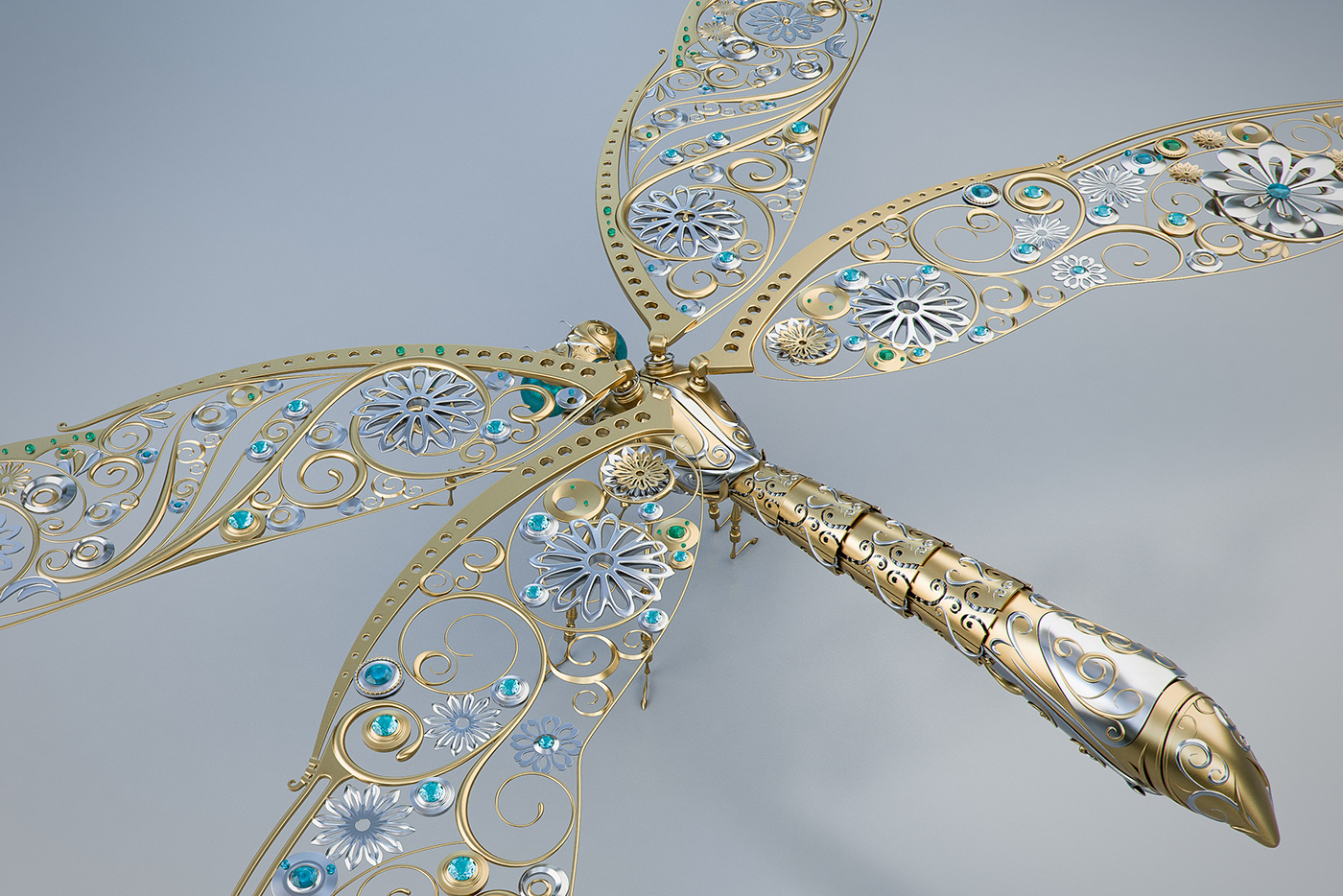 hard surface jewelry gold dragonfly ornament detail
