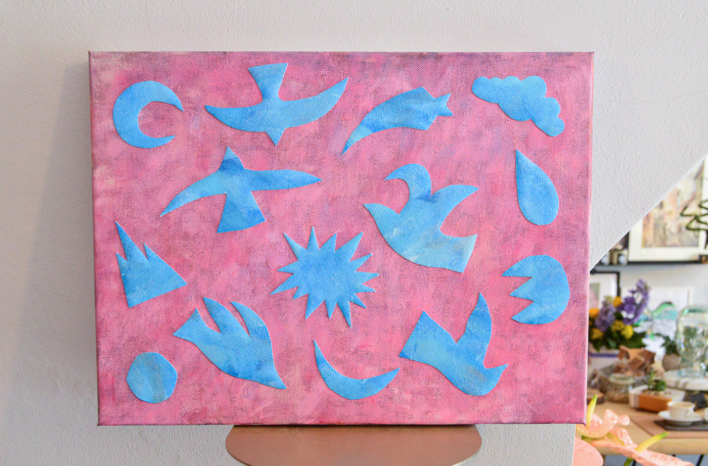 Acrylic paint canvas collage birds symbols symbolism naivite daydrems
