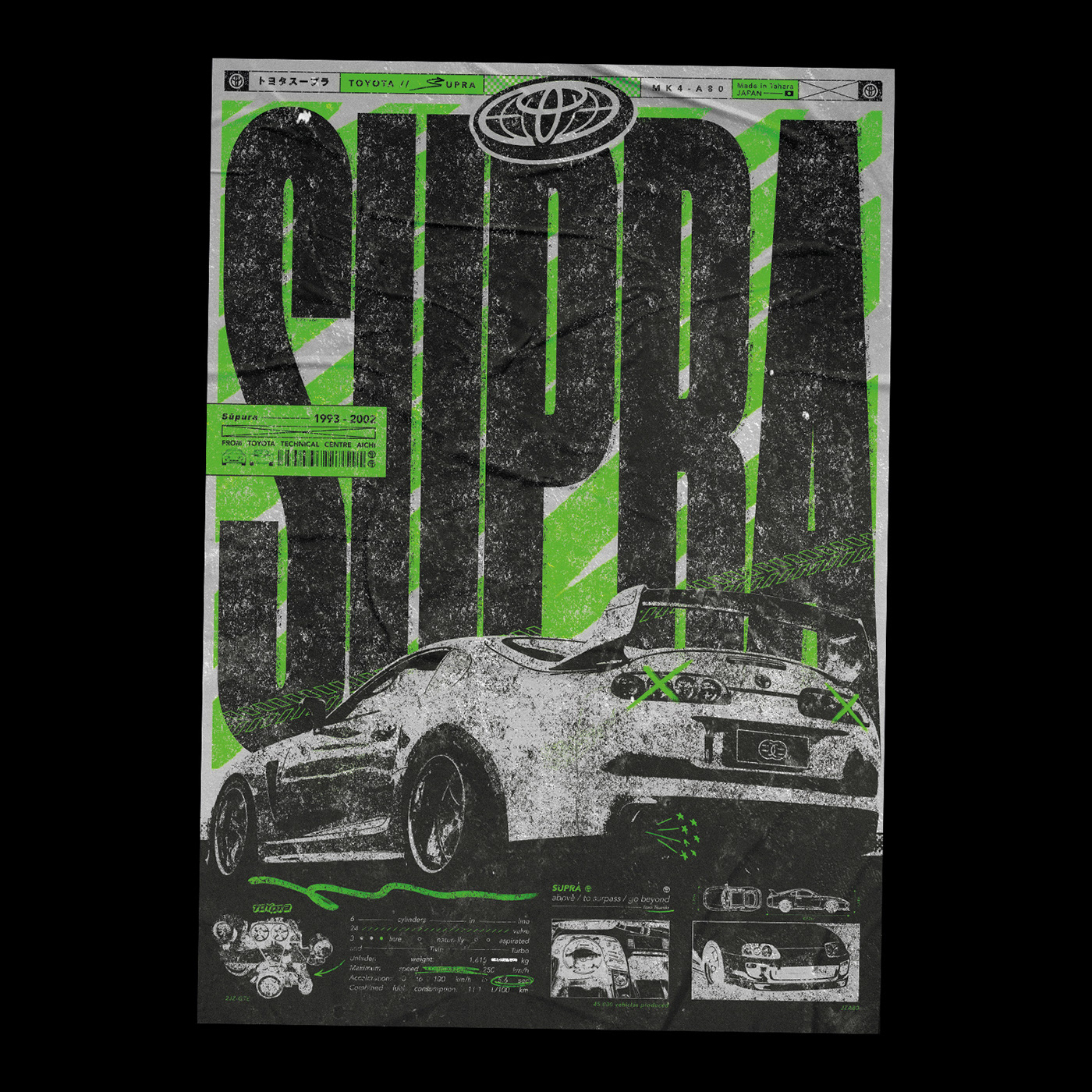 A print poster design render of a toyota supra racing car in a brutalism style.