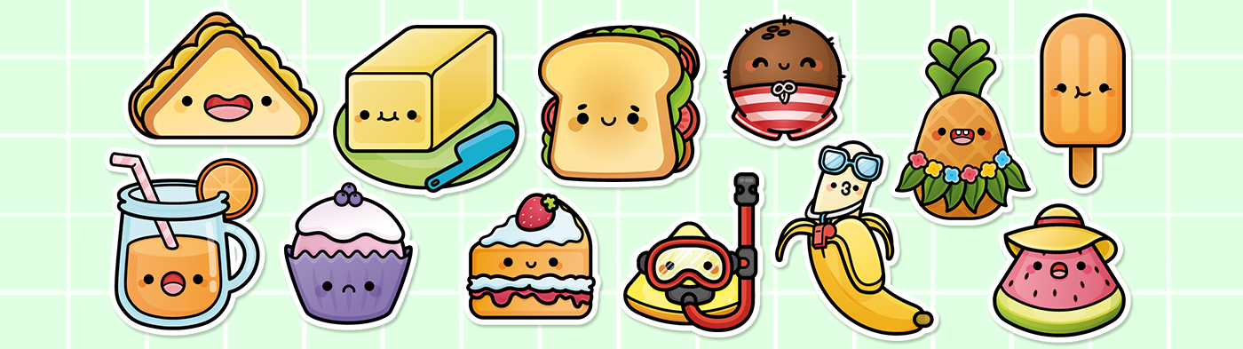 Cute and kawaii stickers of picnic food and beach/summer-themed objects and fruits.