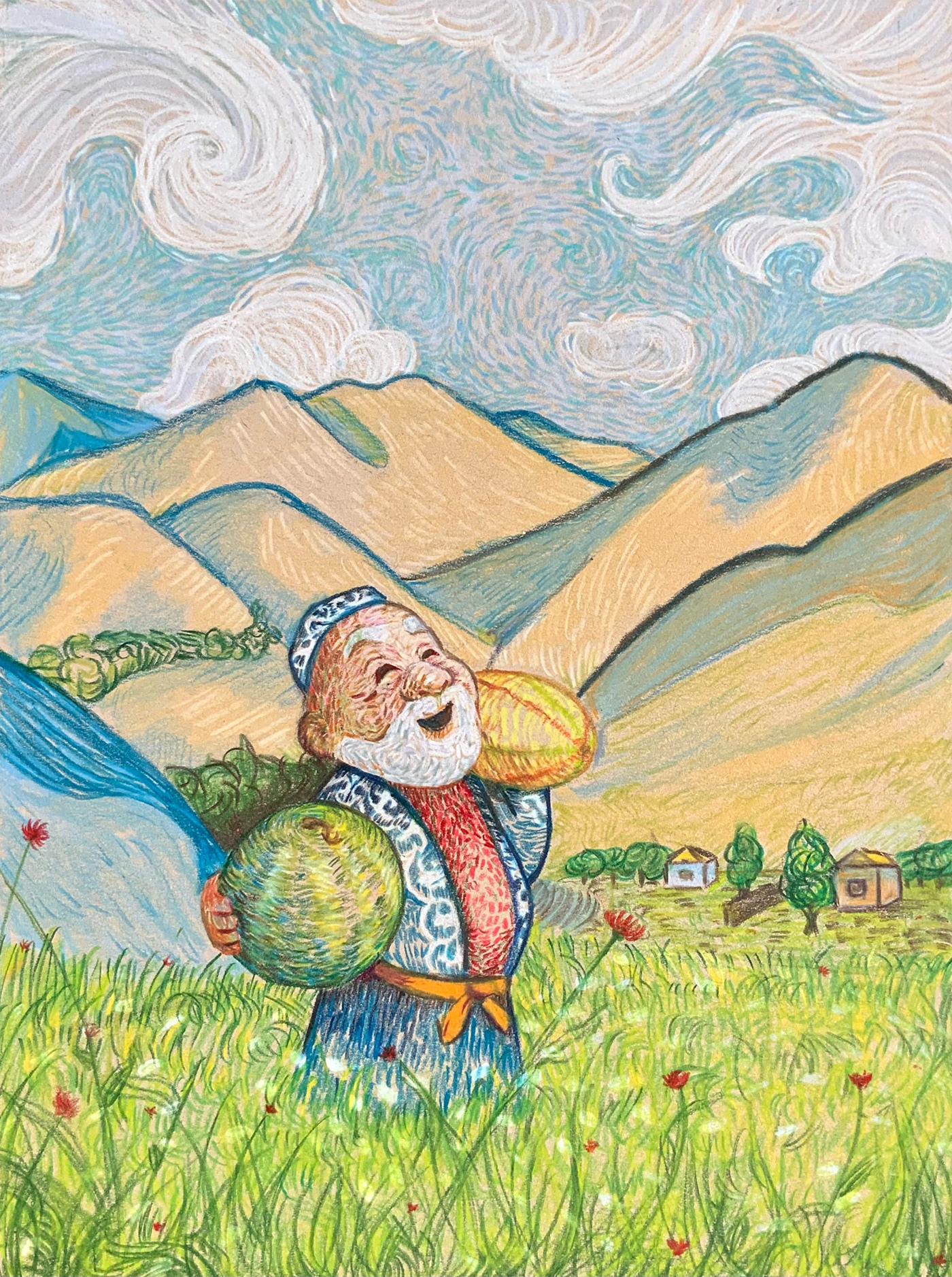 Drawing  ILLUSTRATION  van gogh Landscape Tajikistan melon watermelon