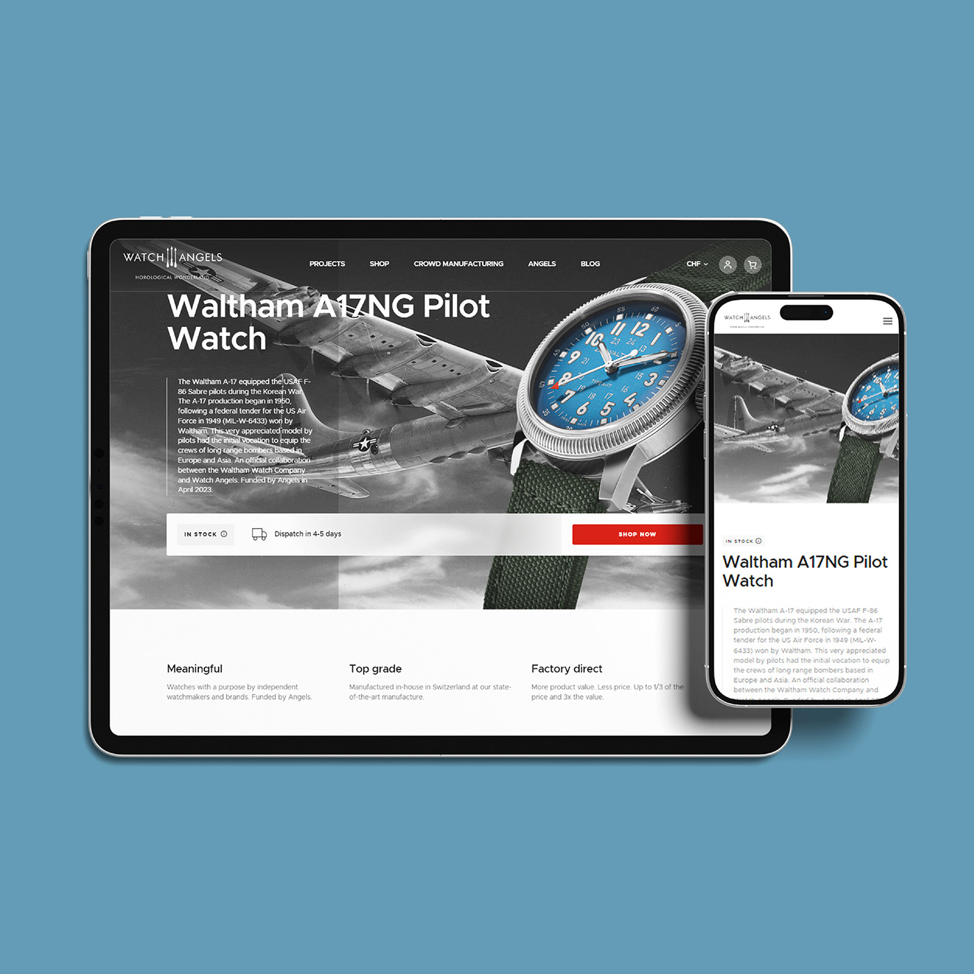 landing page watch company crowd manufacturing Factory Direct horological wonderland Manufactured in-house pilot watch Switzerland manufacture Watch angels wordpress ageny