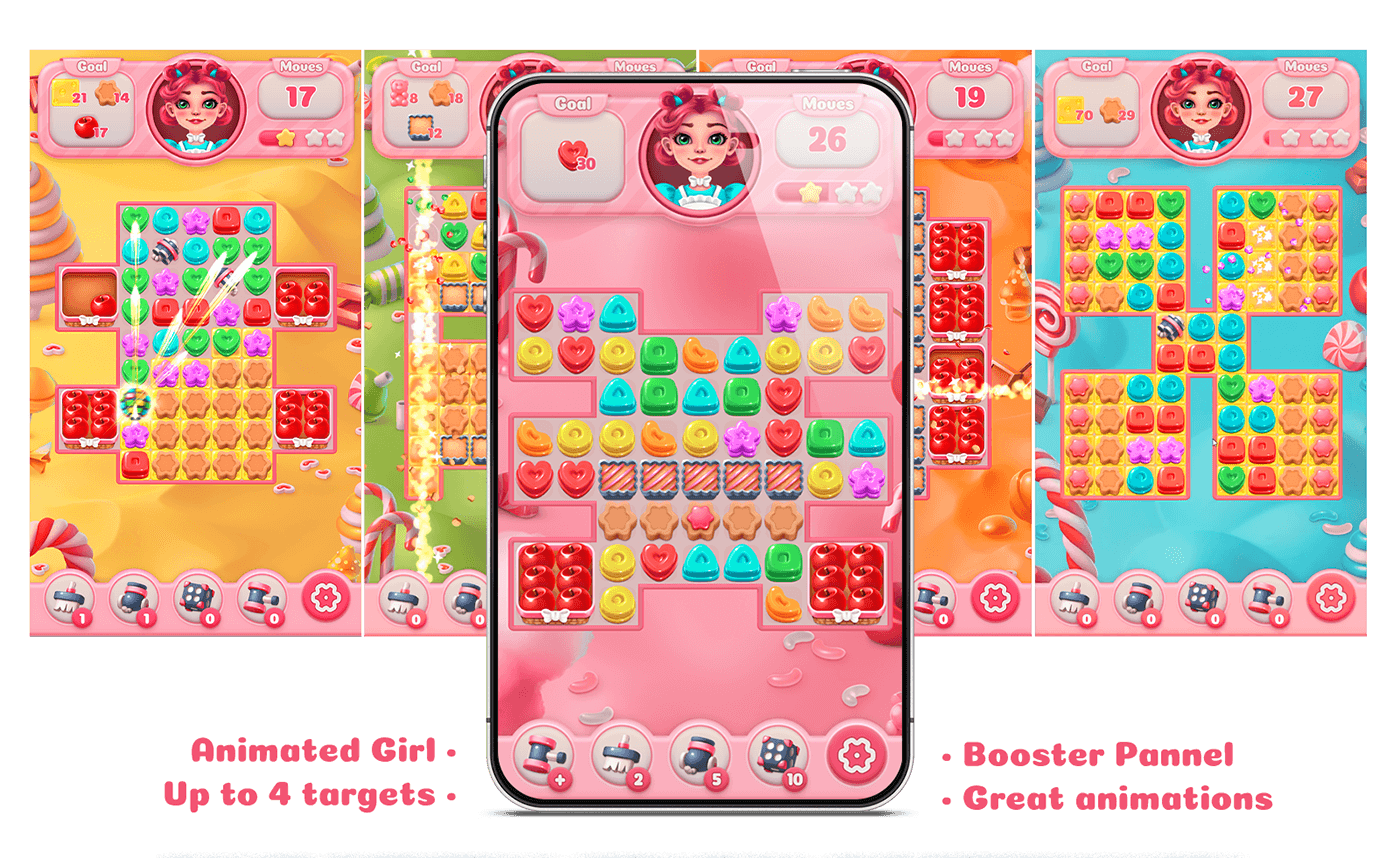 Candy match 3 match-3 game GUI mobile user interface casual sweet