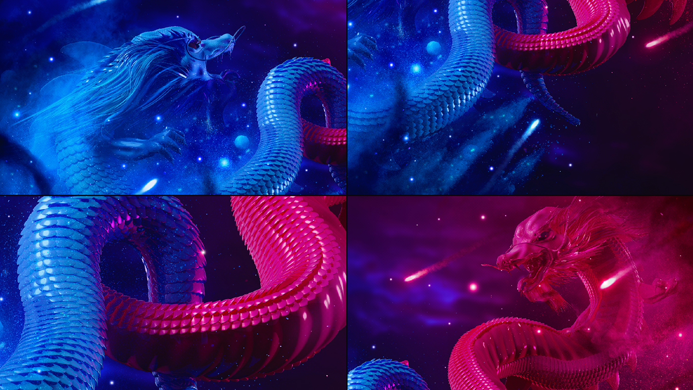 CGI 3D art dragon night pink blue Zbrush modo cinema 4d
