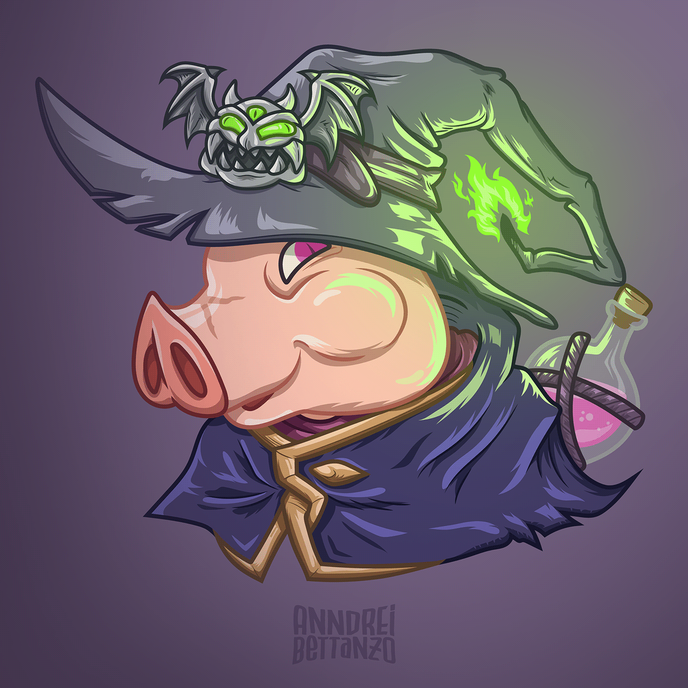 Character design  digital 2d fantasy mage necromancer pig witch wizard