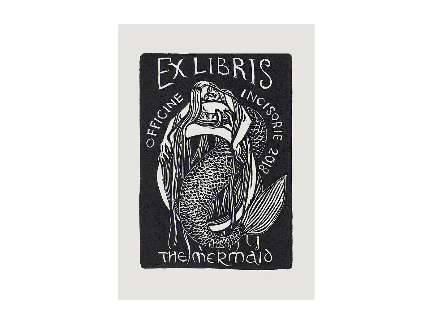 linocut ex-libris folktale mermaid Cat printmaking