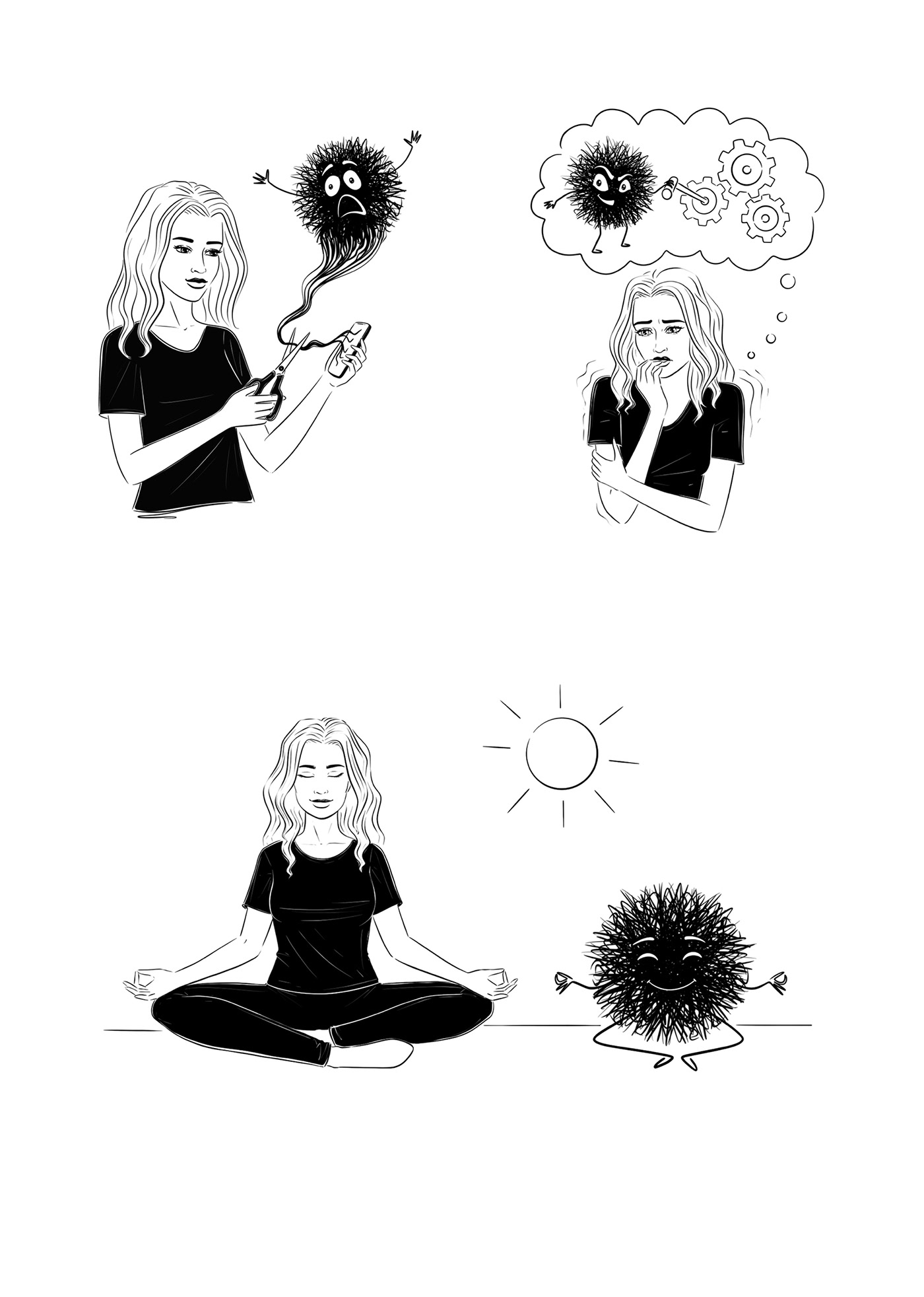 illustrations for the stress related topics. Woman dealind with anxiety
