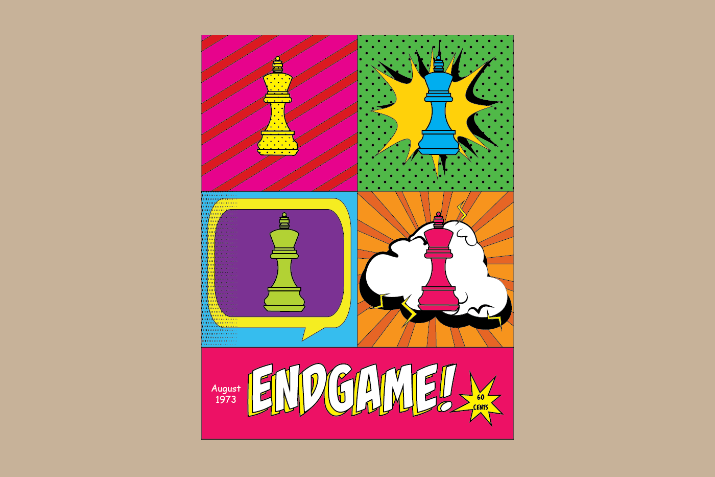 Chess magazine cover inspired by 20th century pop art elements. 

