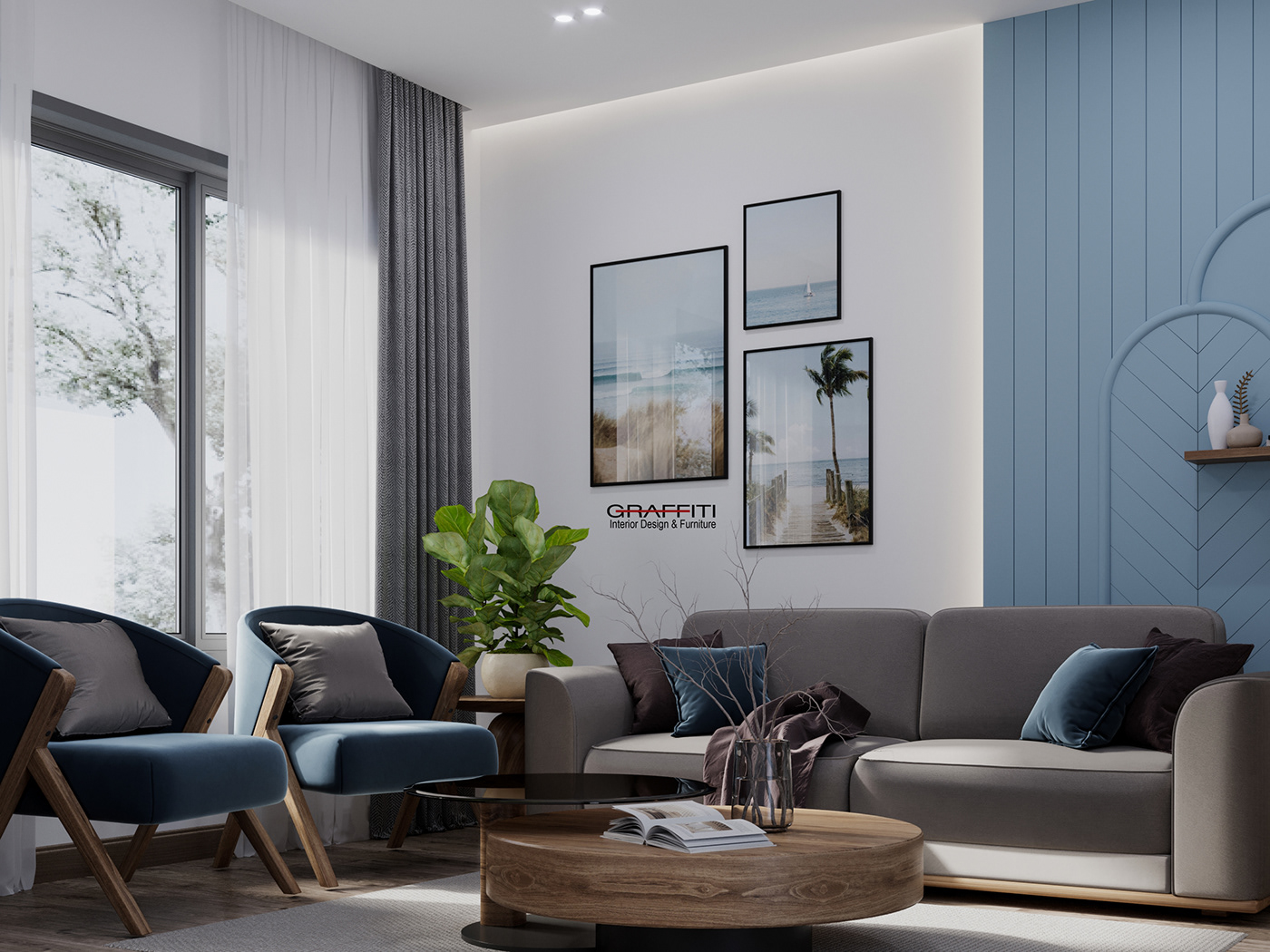 coastal sea blue design room interior design  modern boho bohemian living room