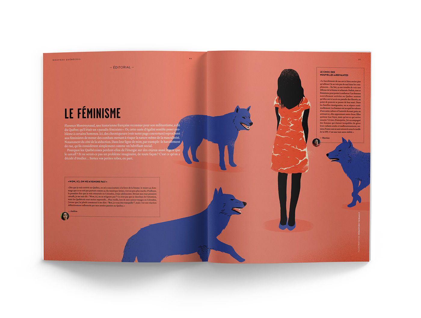 magazine Layout ILLUSTRATION  photo Quebec ali spread editorial typography   blue