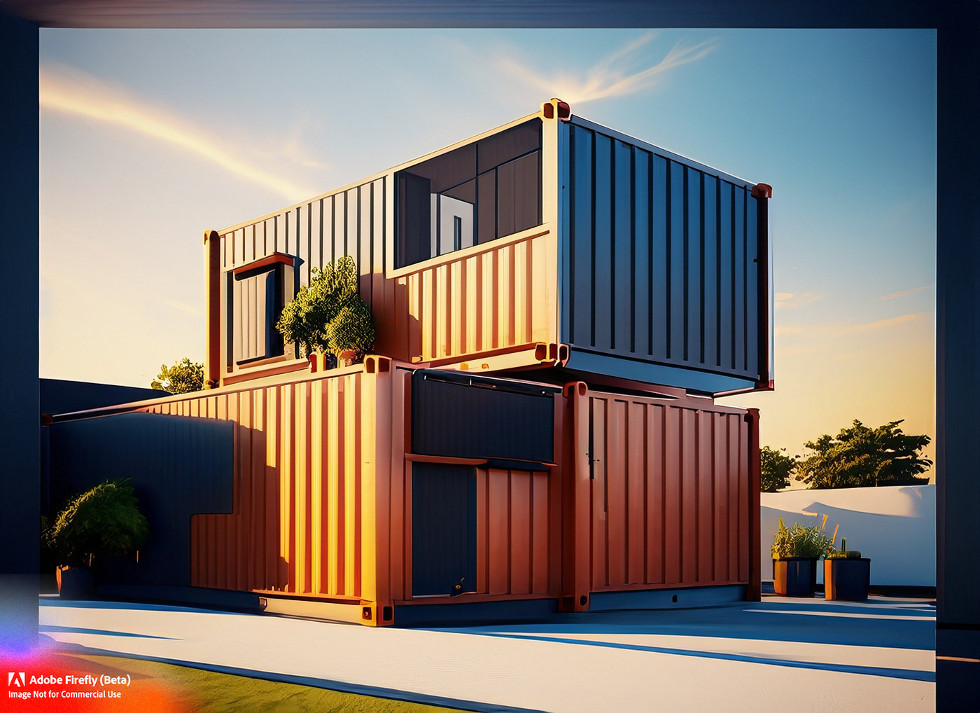 adobe firefly ai architecture house Mid Century modern modernism reclaimed RECYCLED repurposed Shipping container home