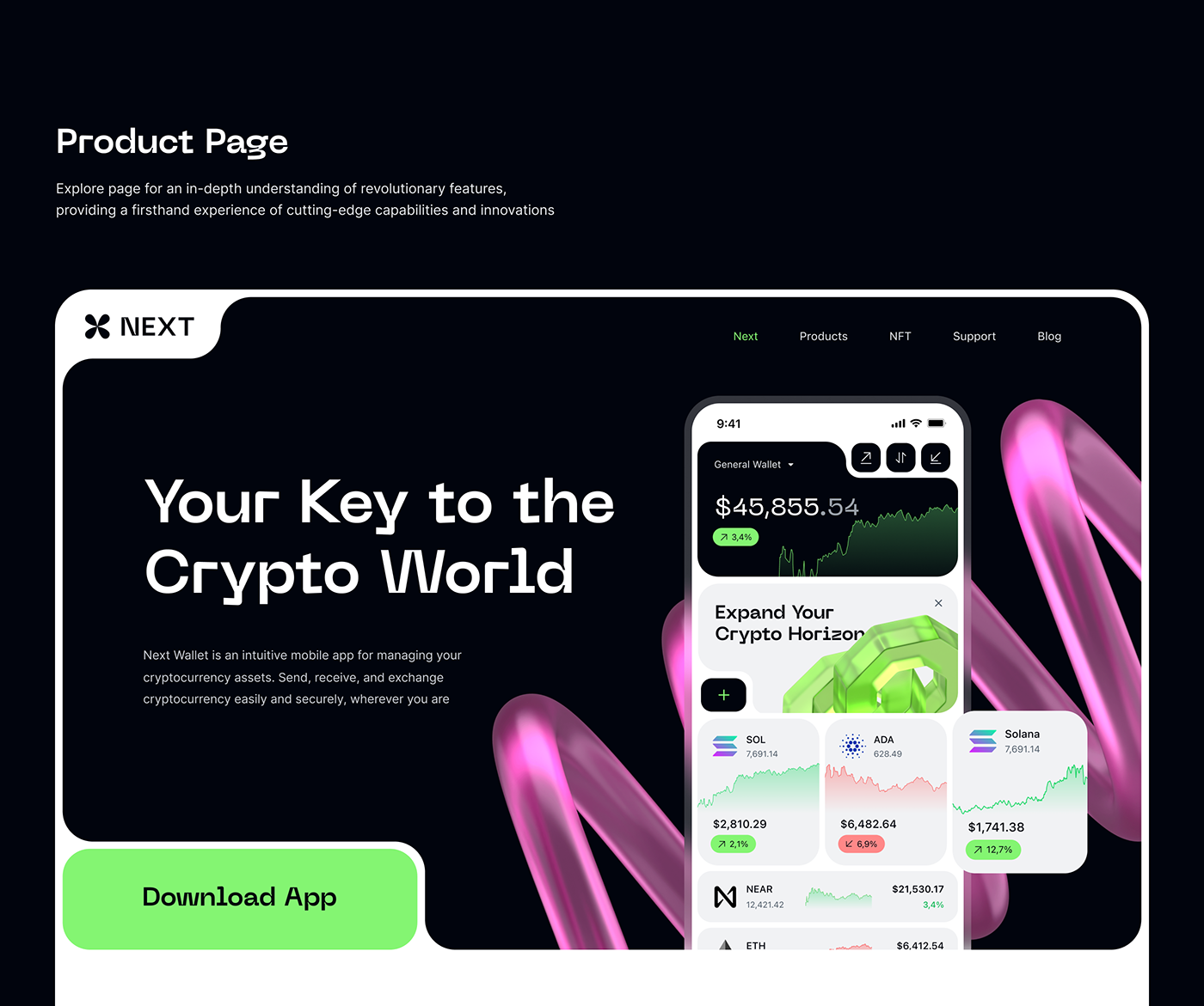 UX design ui design animation  crypto WALLET finance Mobile app Product Page Figma after effects