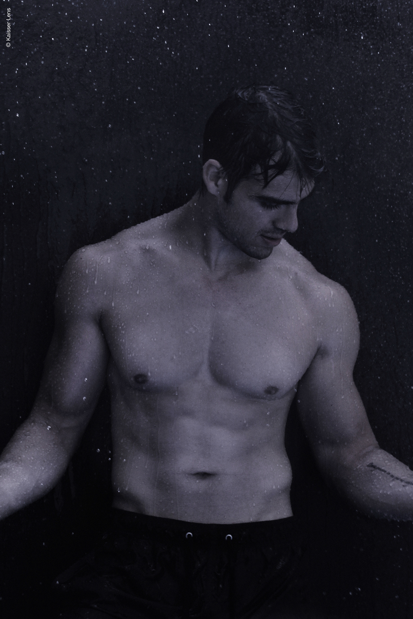 male model Mexican water portraits black blue rain fitness body