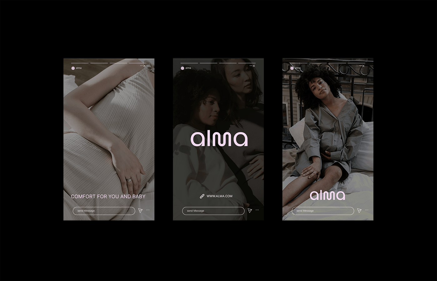 Design for social media, instagram stories and posts for maternity brand Alma