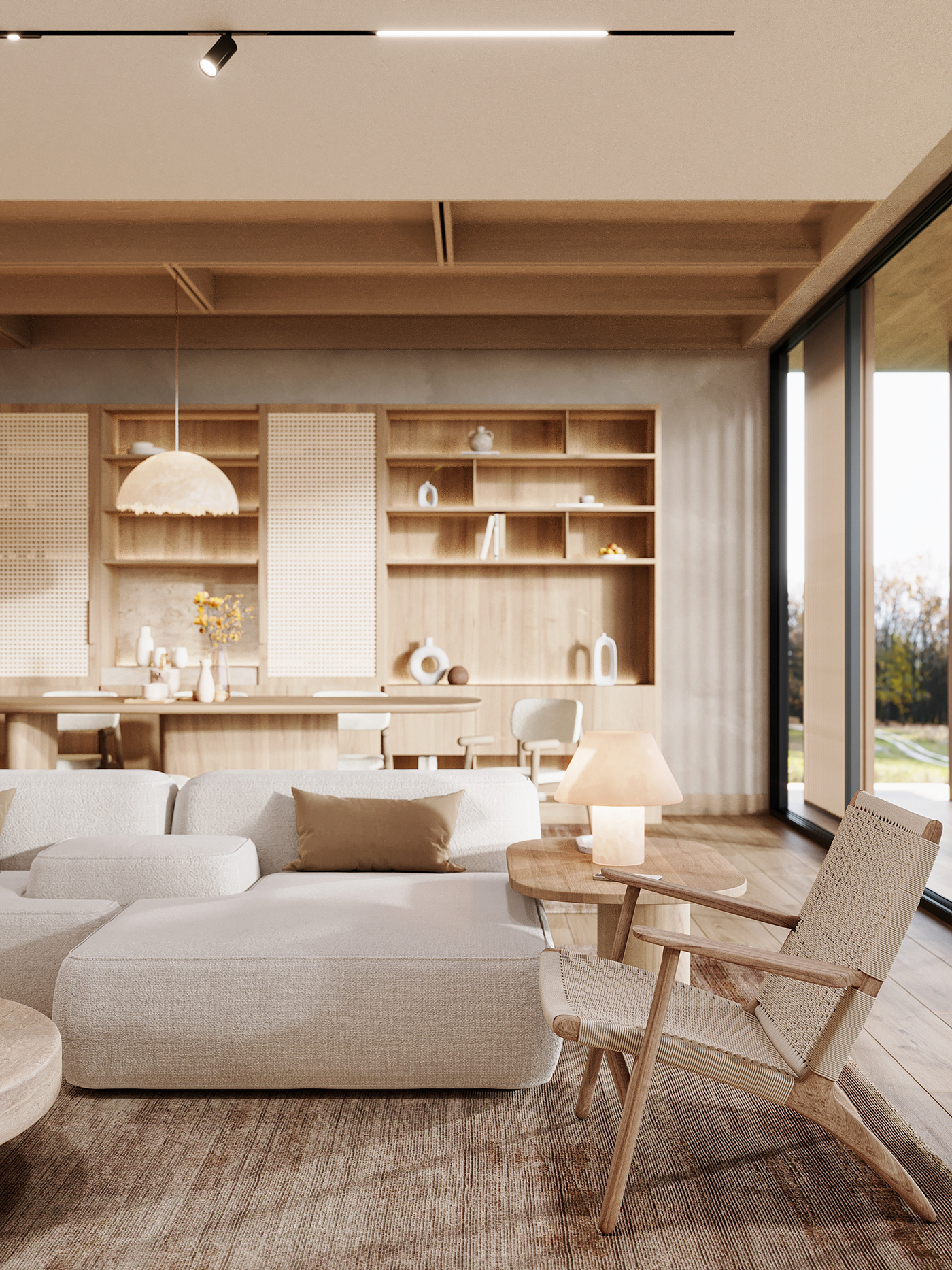 interior design  visualization minimal dining room corona render  archviz Japandi Wabi Sabi Scandinavian living room