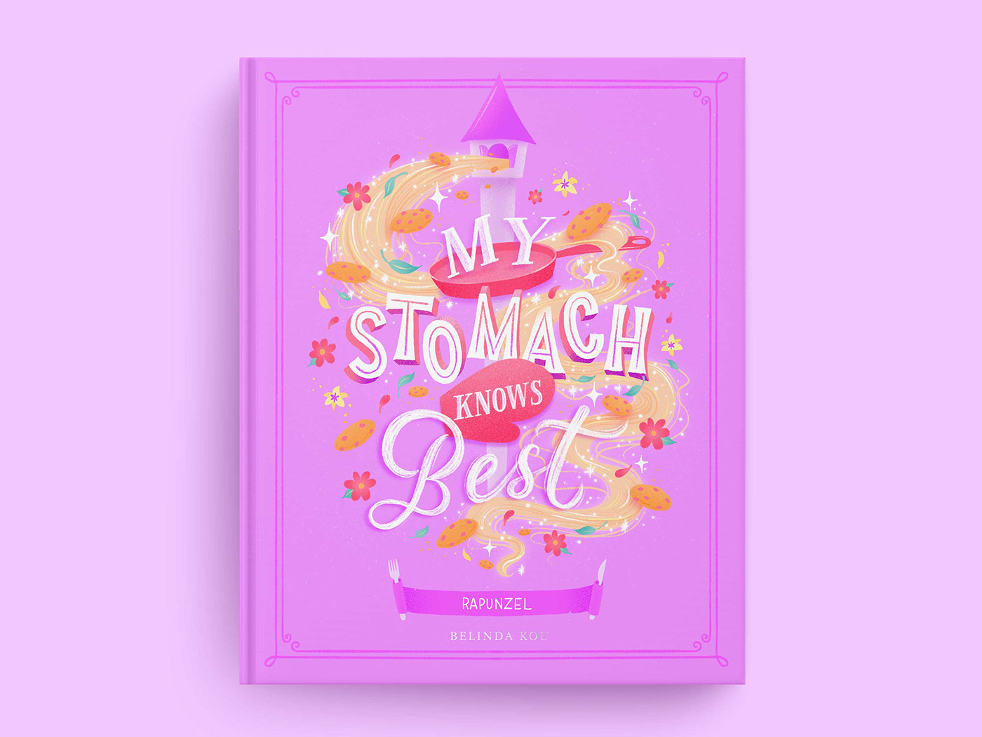 Rapunzel book cover art featuring hand lettering and illustrations of fairy tale and food art