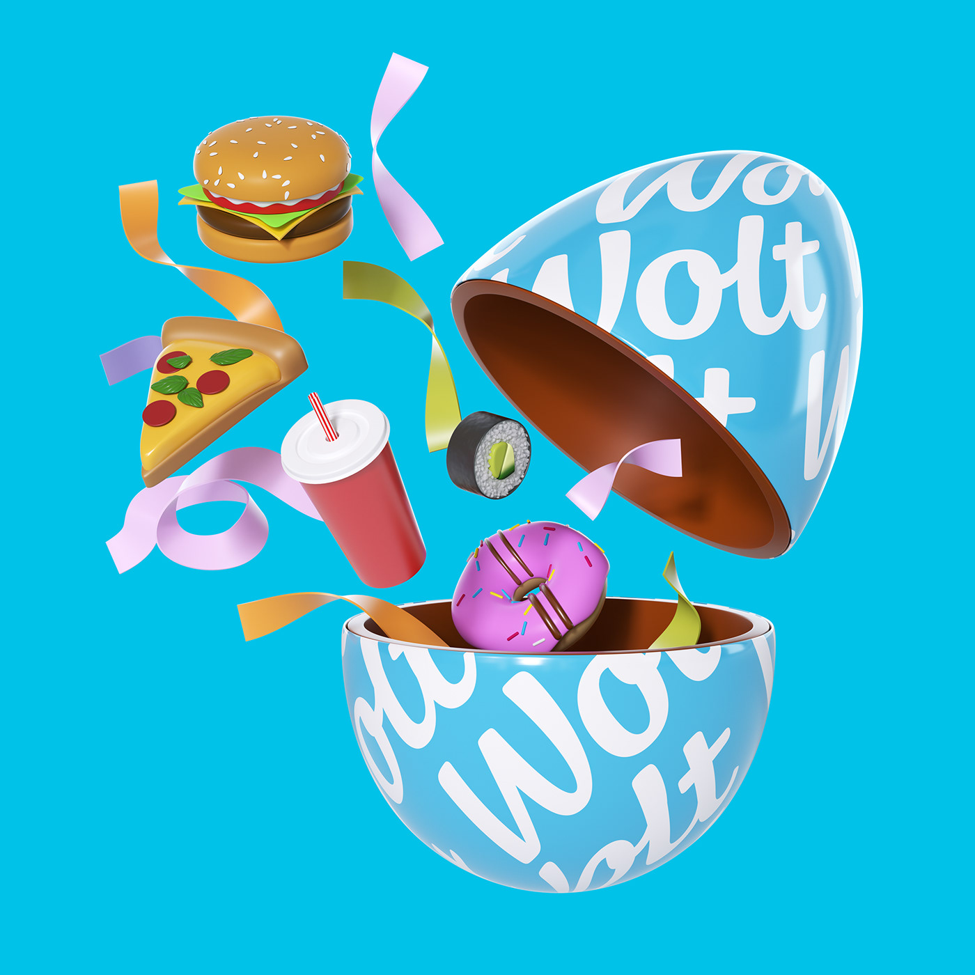 3D blue branding  Character design  Food  Fun lighting modeling Wolt