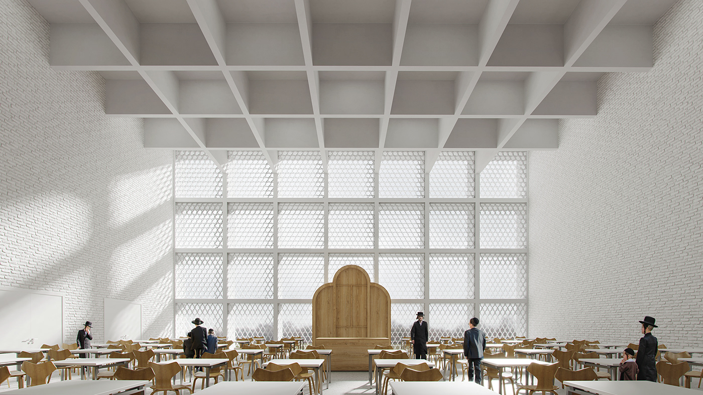 interior, white room with wooden desks, sunny weather outside, people