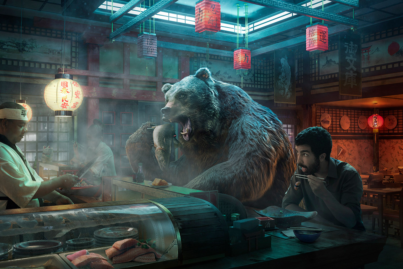 photoshop CGI dinner digitalart bear orientaldinner oriental Sushi 3dsmax