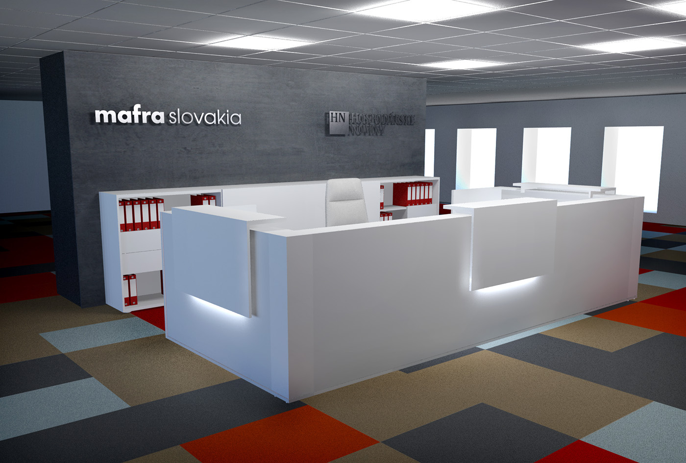 interior design  visualisation editorial office recepcion Lobby storage units plastic desk chair FRONT DESK