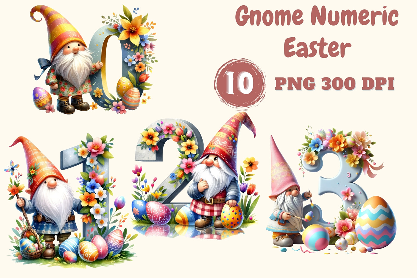 gnome numbers Easter watercolor