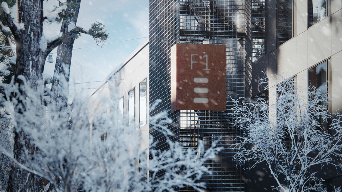 architecture 3D visualization Office exterior winter Evening pinetree