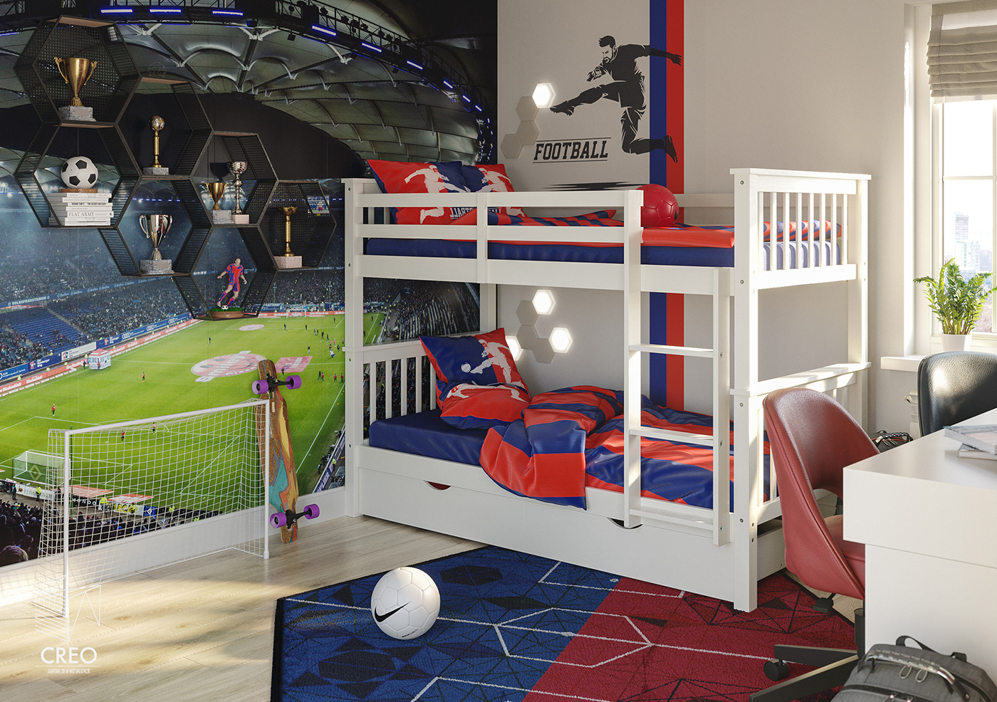 CREO 3D’s project of teenagers room with the use of our client’s bunk bed. Football fans should like