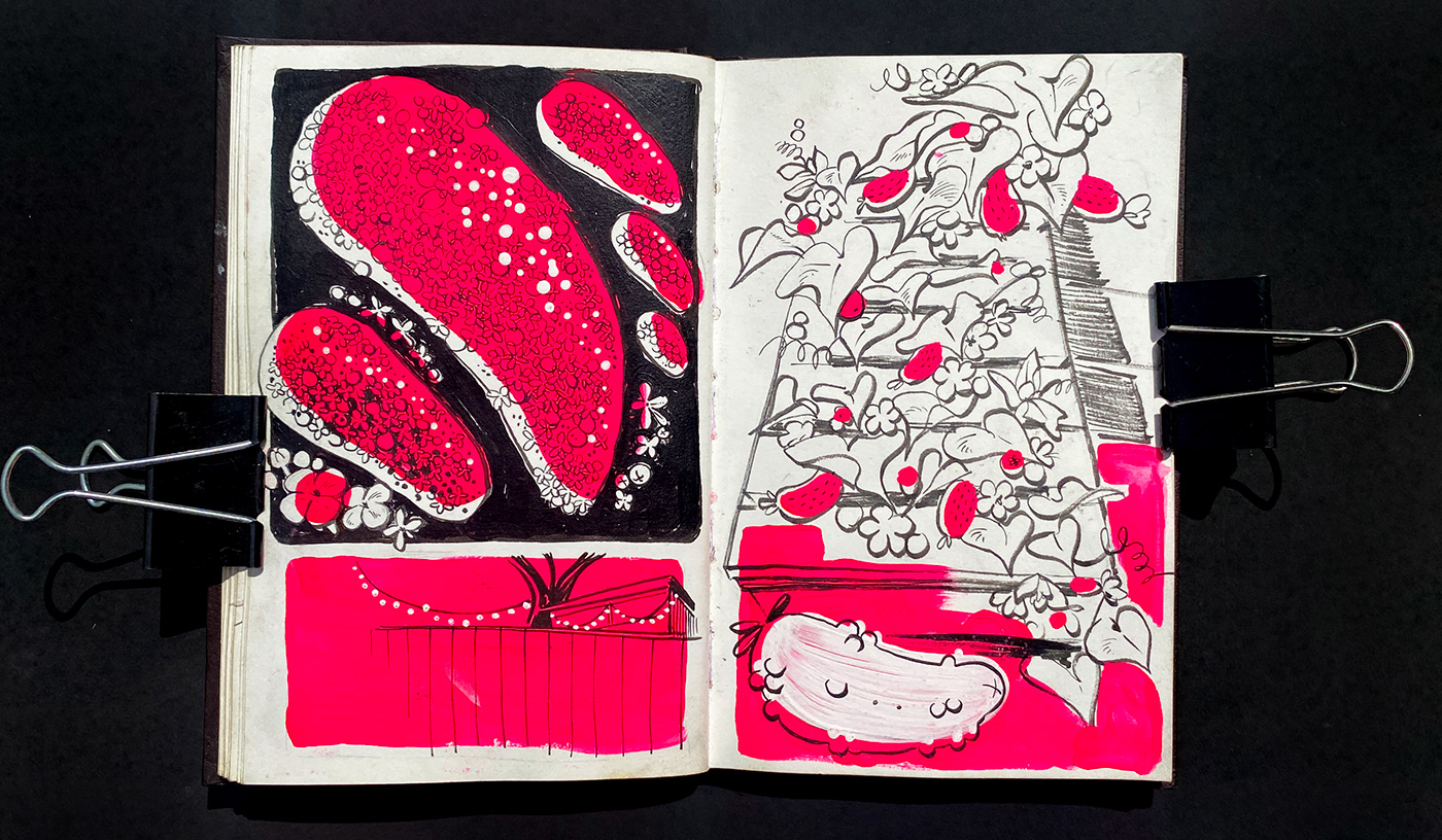 sketchbook fluorescent limited palette hot pink ink drawing brush pen Oregon pacific northwest restricted color