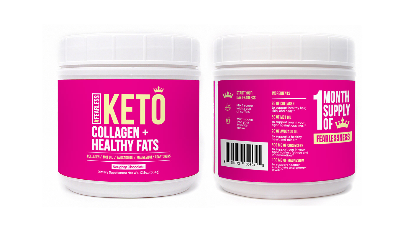 branding  identity Packaging pink Fearless keto Logotype graphic design  nutrition Guadalajara