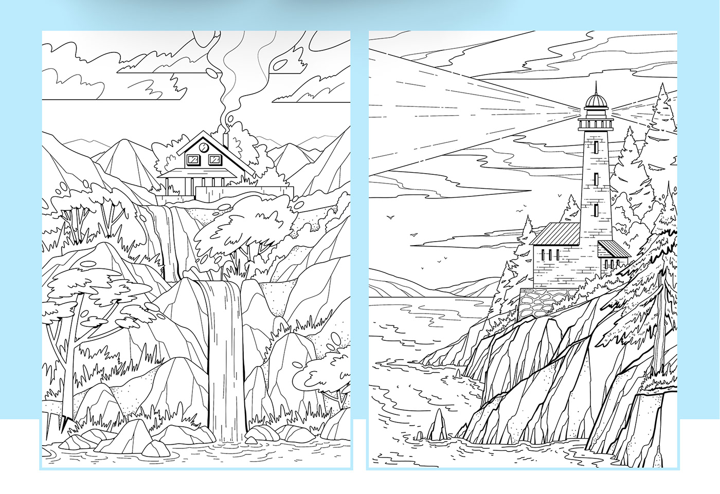 coloring Book Cover Design publishing   house Nature Landscape lighthouse country farm coloring page