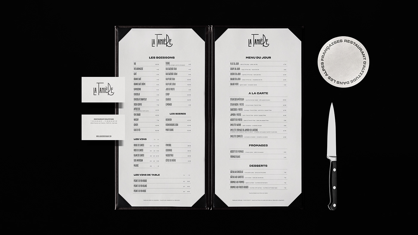 restaurant menu Business Cards france chamonix Ski winter snow Food  letterpress