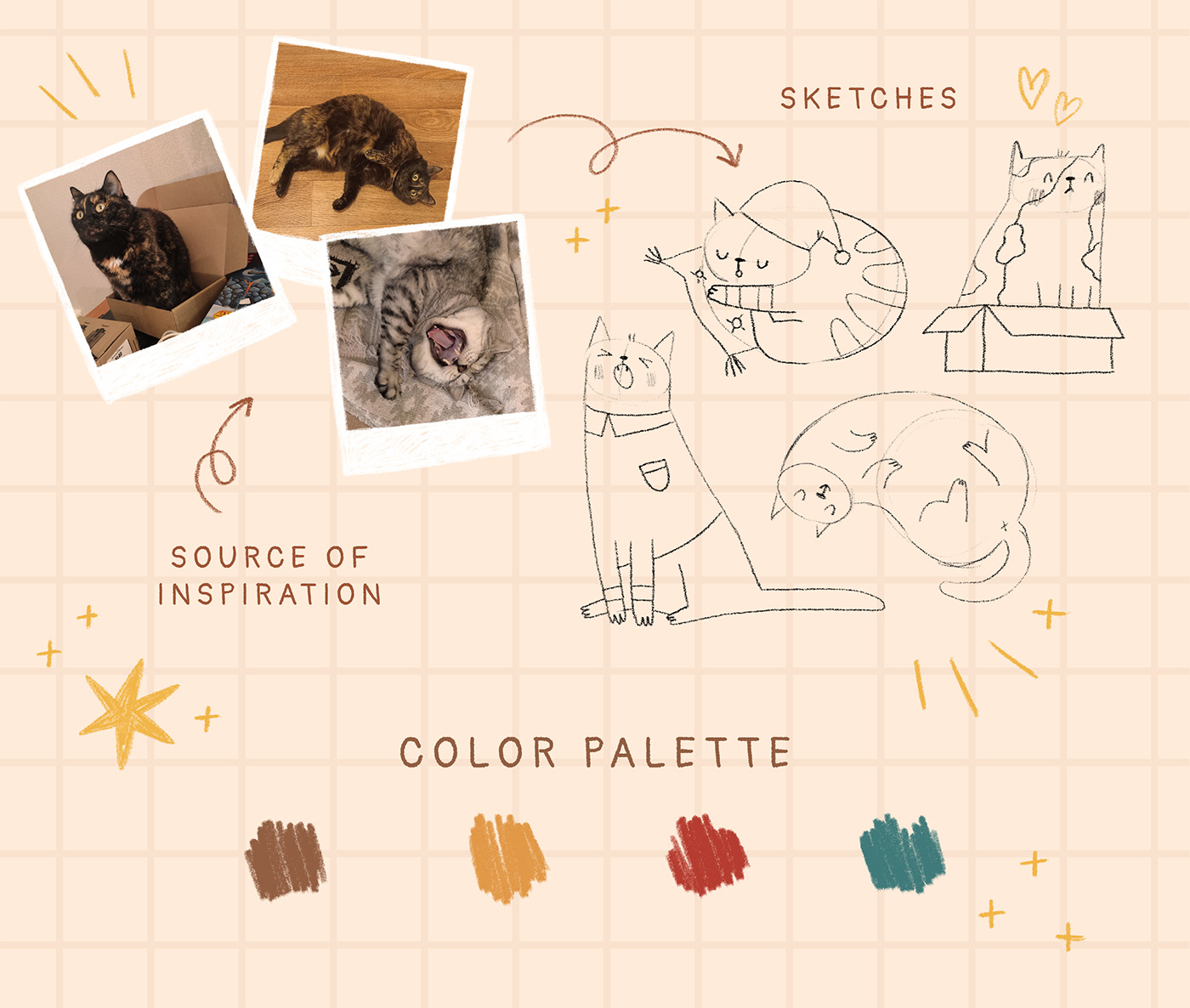 Photos of real cats and sketches inspired by them: a color palette: yellow, brown, maroon and teal