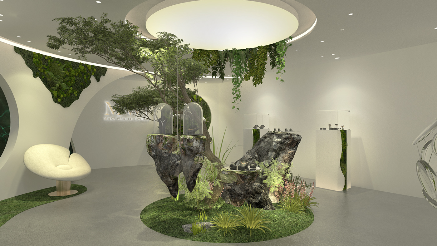 showroom jewelry design Interior Display product design  product green Tree  moss