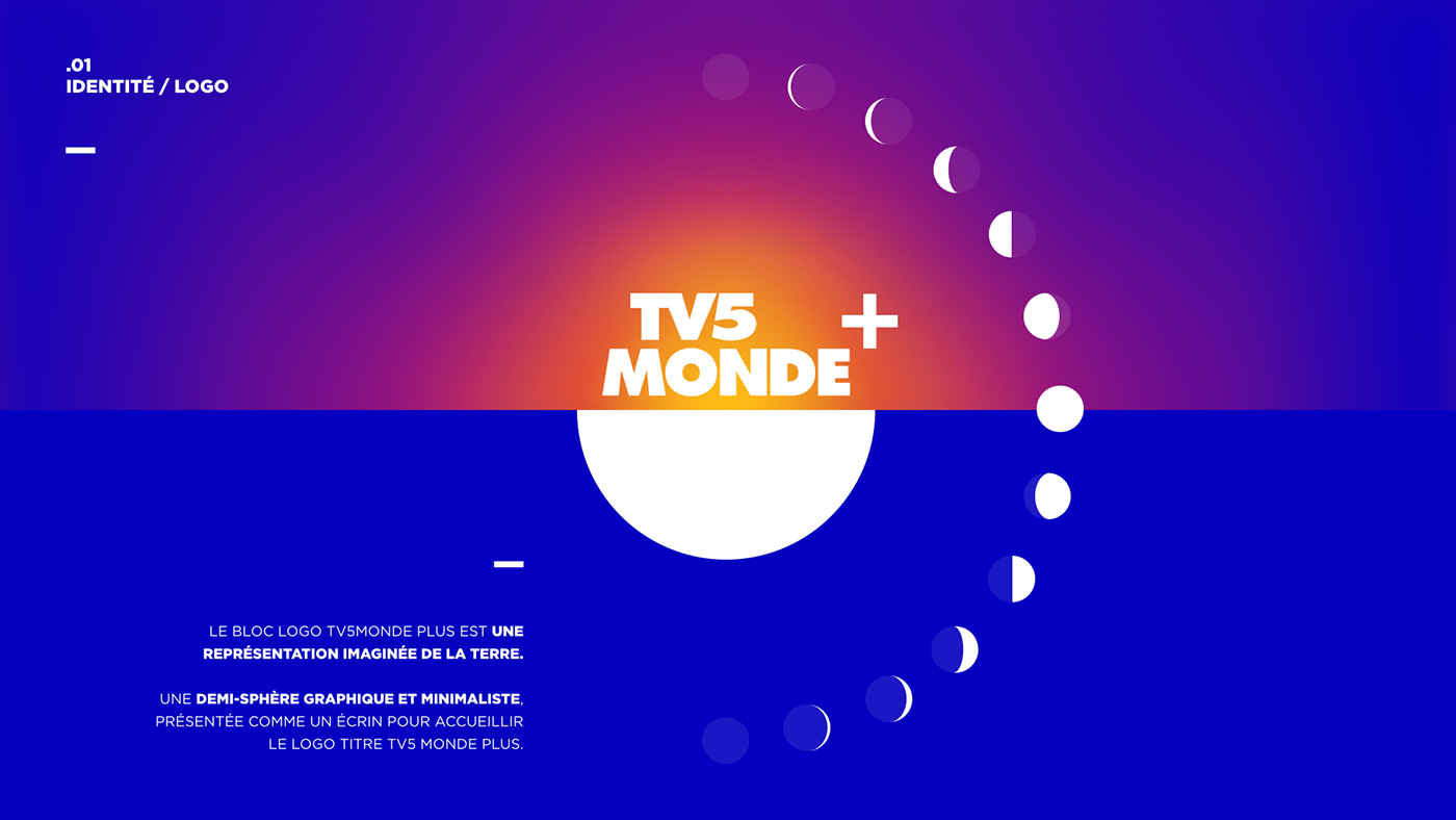 Le bloc logo TV5MONDE PLUS est une représentation imaginée de la Terre.

Une demi-sphère graphique e