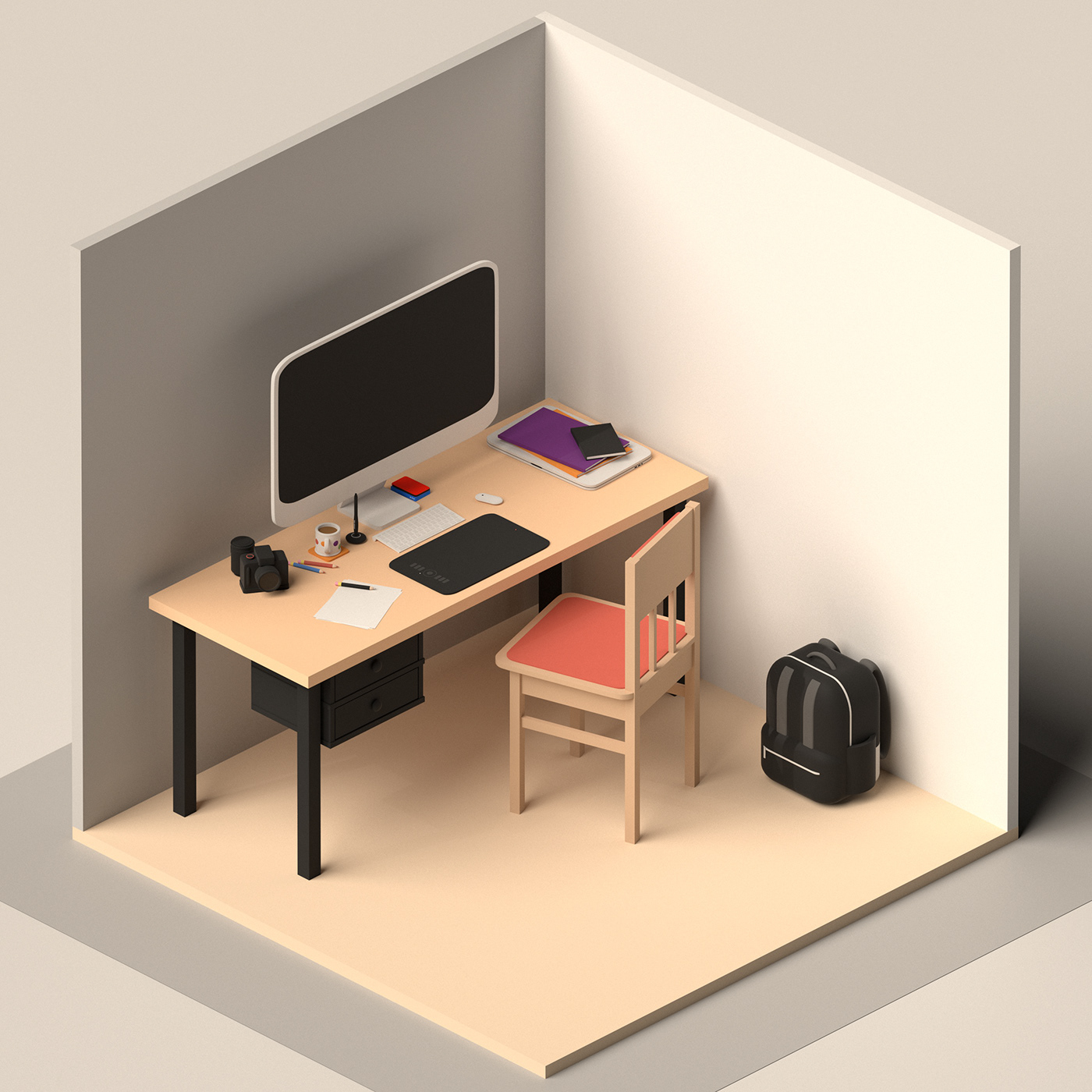 Render 3D dimension creative matte stylised Isometric Space  garage designer