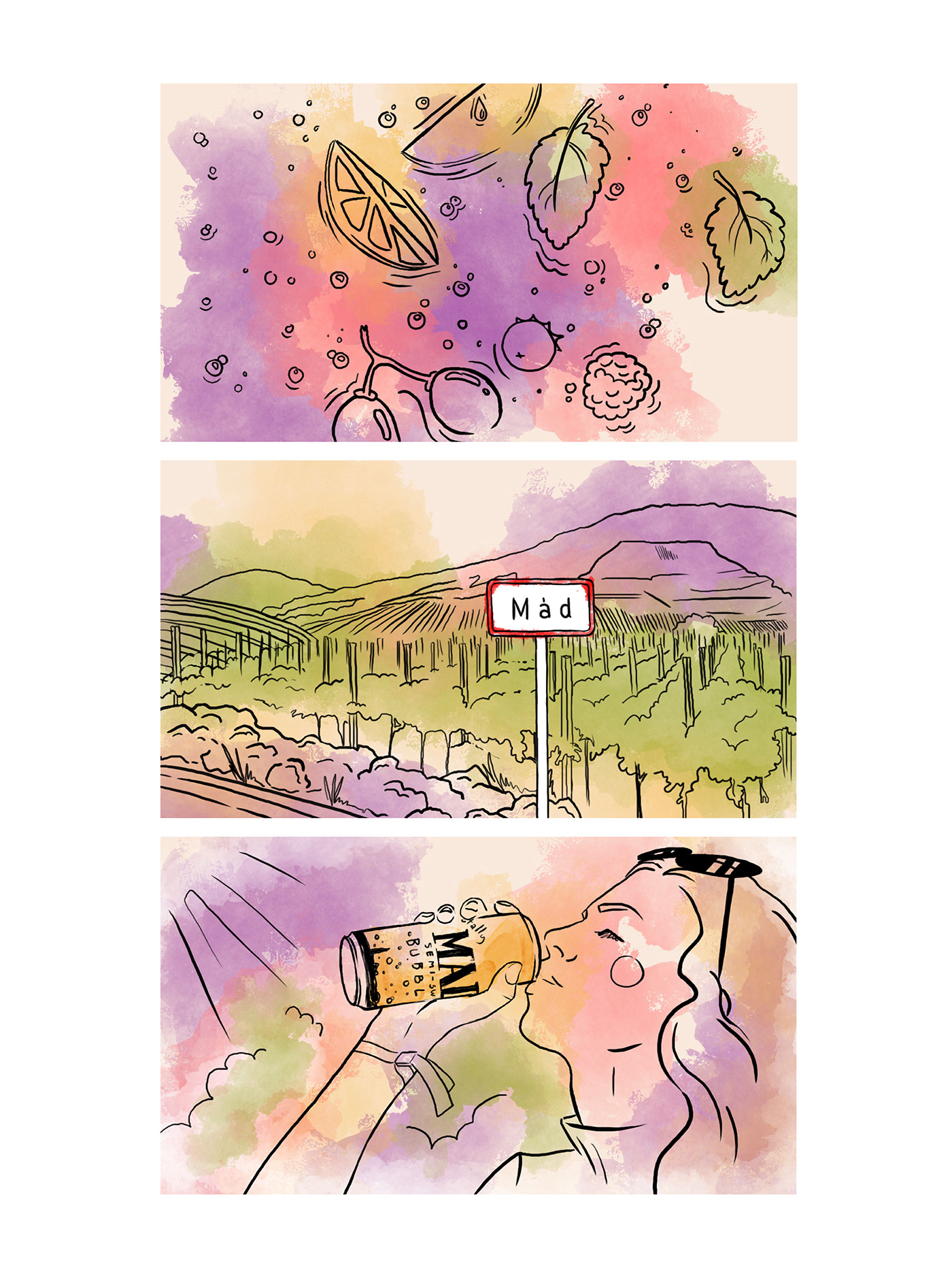 2D advertising film animation  bubbles commercial Mad sparklingwine storyboard watercolor wine