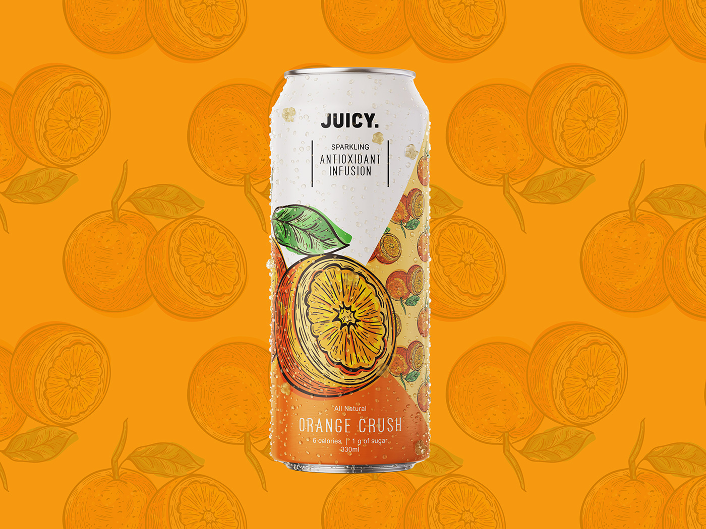 Label design of orange drink. Beverage can for antioxidant infusion water. 