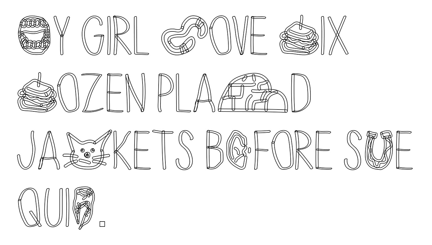 type spec font specimen showing glyphs and letterforms for sans serif display font- pangram- outline