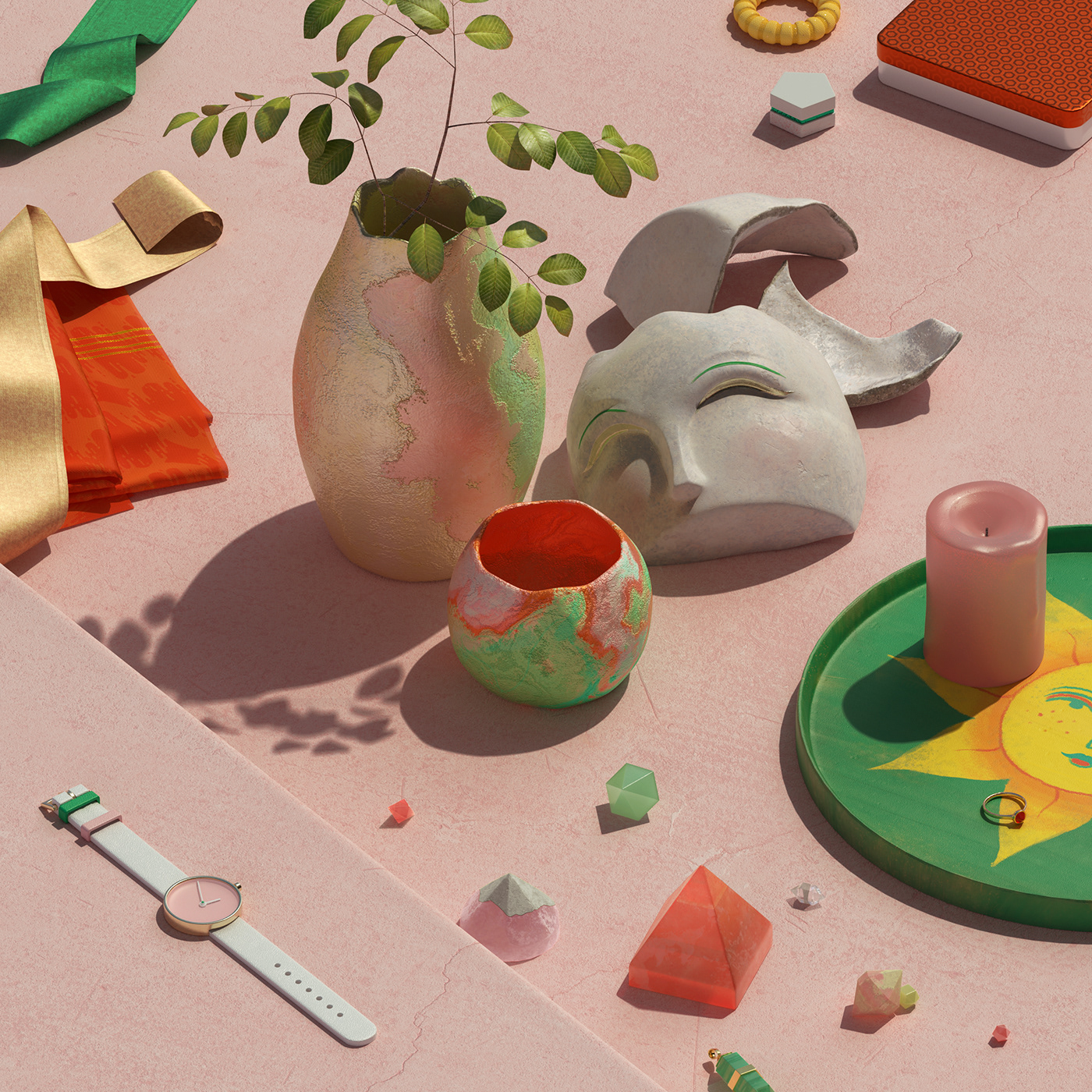 3d pink set design with vase done in cinema 4d and redshift