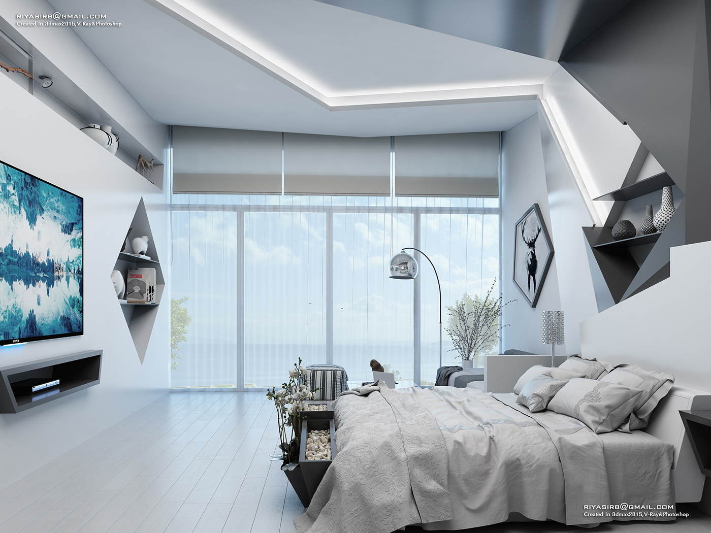 3dsmax vray bedroom futuristic Interior design photoshop black and white 3D CGI